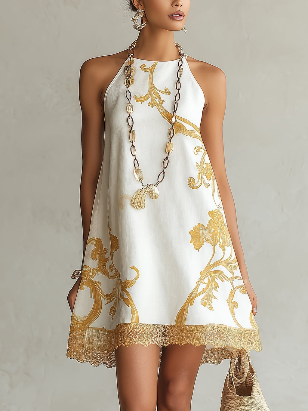 Lucía | Minivestido de encaje blanco con motivos dorados