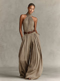 Catalina | Mono wide leg taupe con escote halter de estilo boho