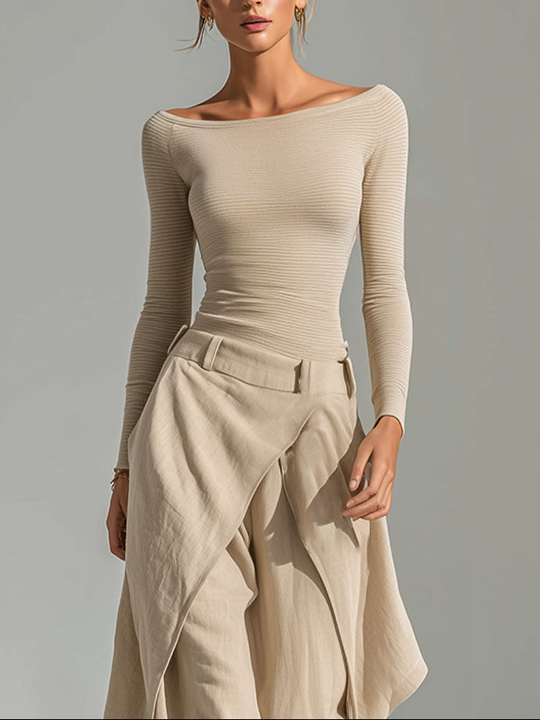 Marta | Conjunto de top beige con cuello barco y pantalón ancho con volantes