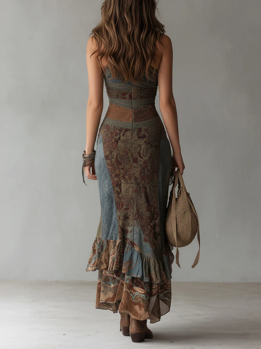 ELENA | VESTIDO LARGO FLUIDO CON ESTAMPADO ETNICO Y CORTE ASIMETRICO