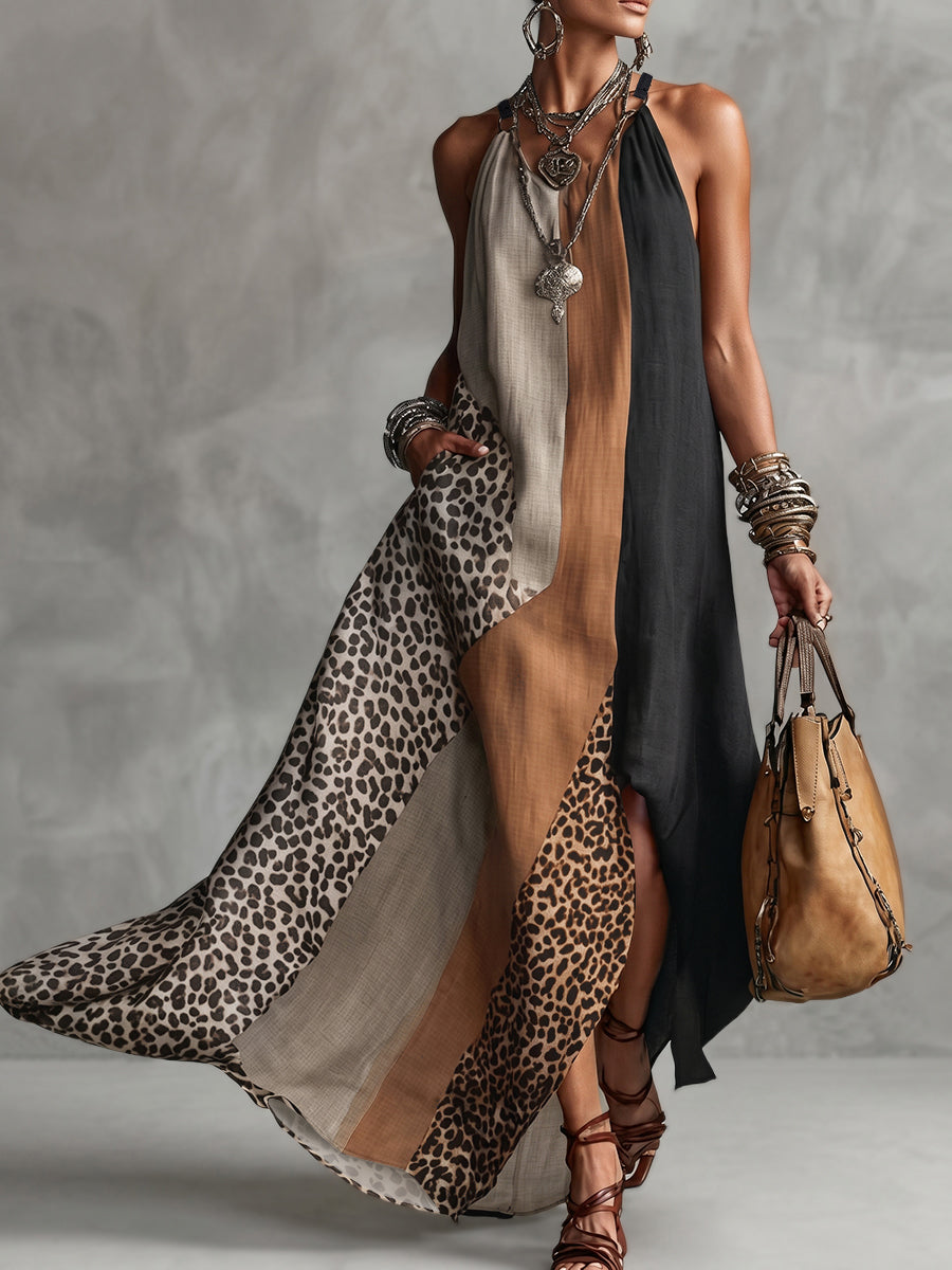 Soraya | Vestido largo asimétrico con color block en contraste y estampado de leopardo