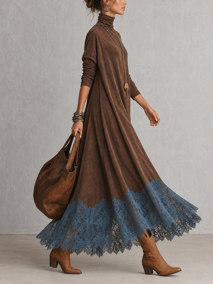 Vestido largo efecto ante con bajo de encaje Pía — vista 7