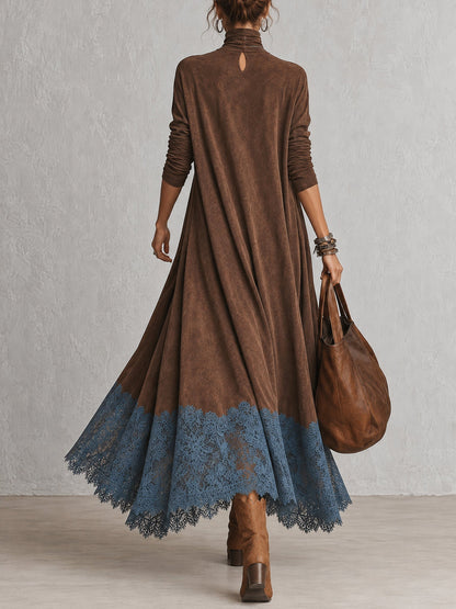 Vestido largo efecto ante con bajo de encaje Pía — vista 8