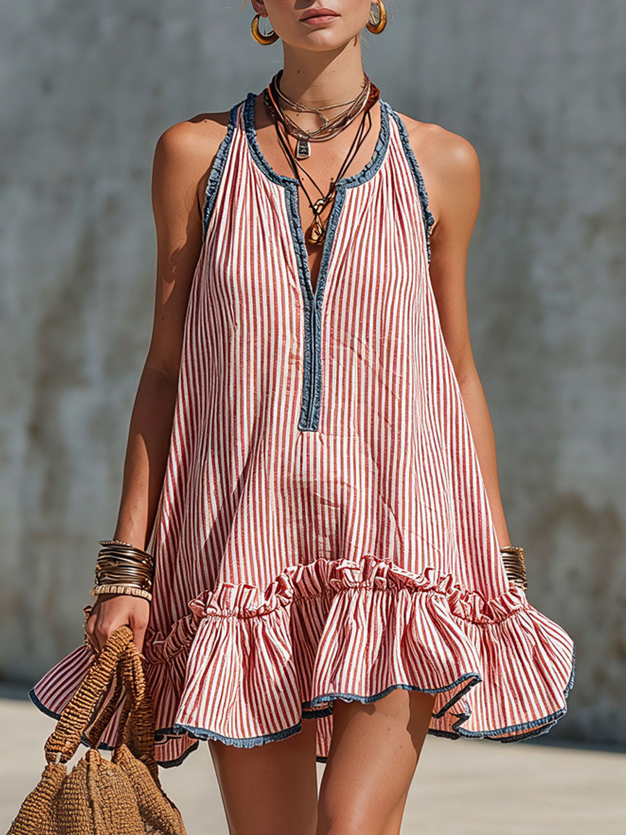 Lola | Minivestido de rayas sin mangas con volantes y cuello redondo