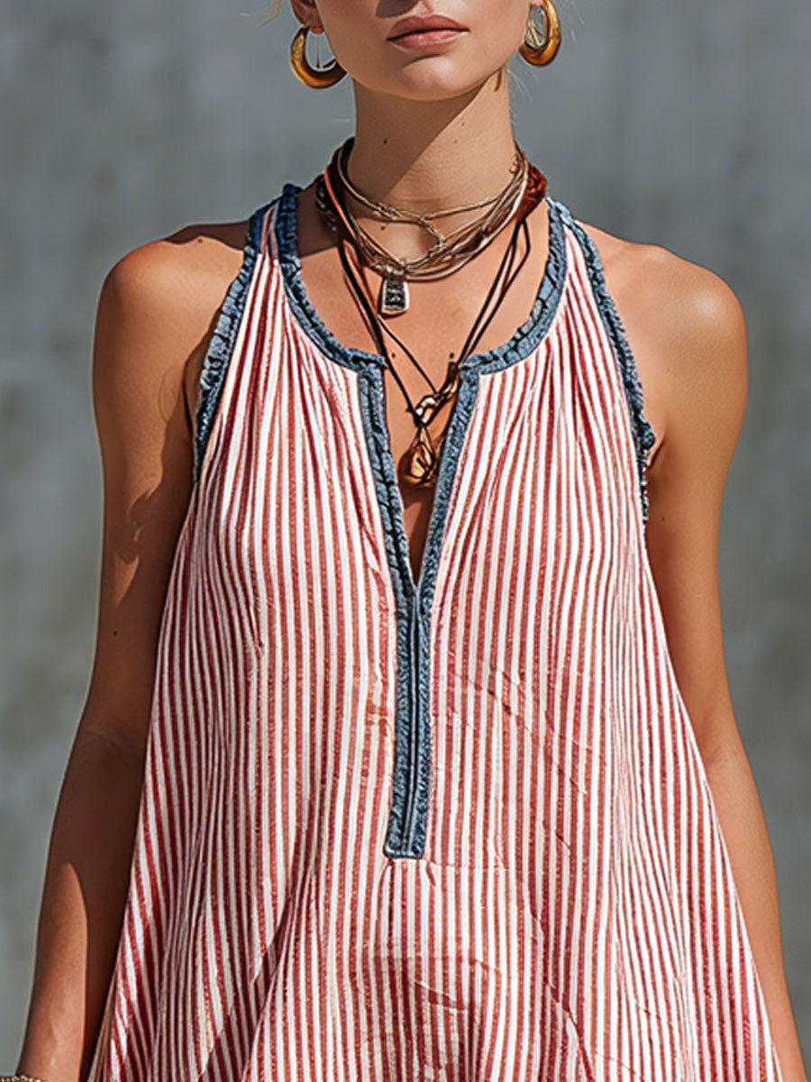 Lola | Minivestido de rayas sin mangas con volantes y cuello redondo