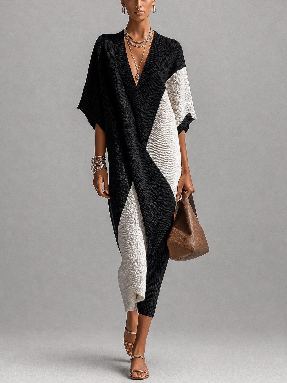 Nuria | Vestido midi en ébano y marfil