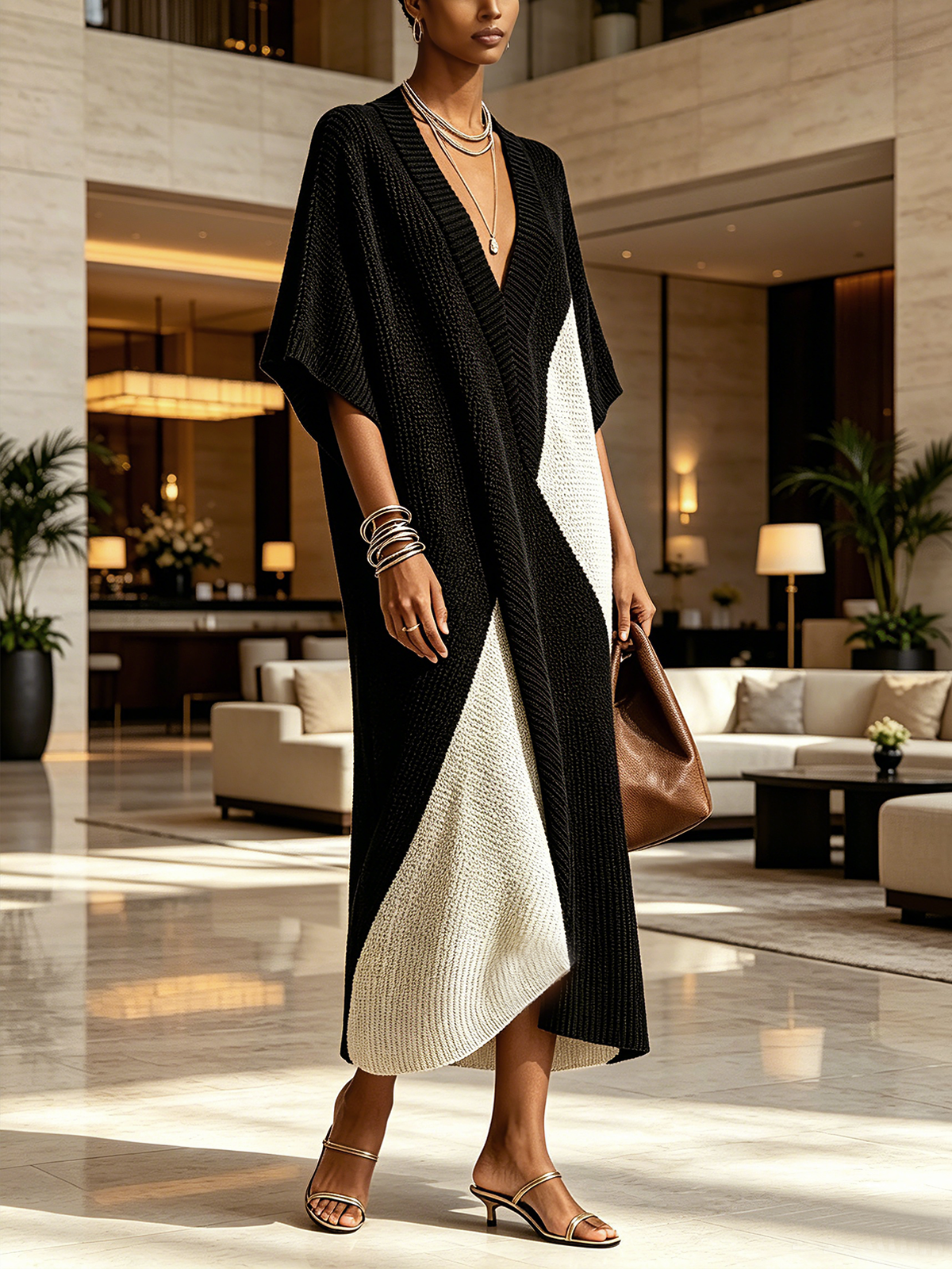 Nuria | Vestido midi en ébano y marfil