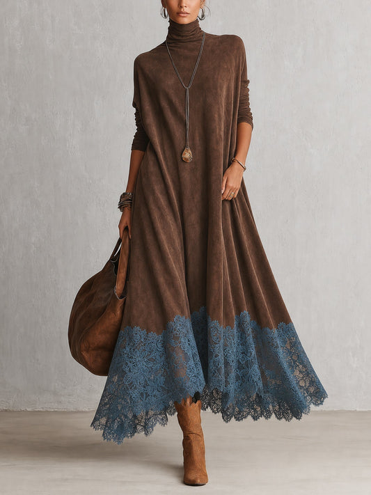 Vestido largo efecto ante con bajo de encaje Pía — vista 1