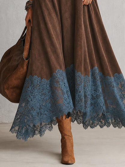 Vestido largo efecto ante con bajo de encaje Pía — vista 6