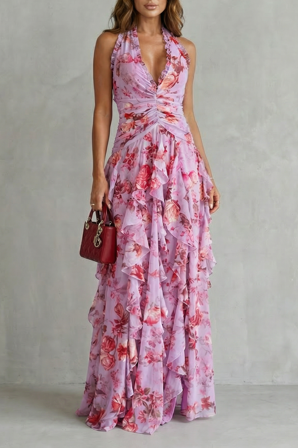 Belladina | Romántica cascada de rosas - Vestido largo con escote halter