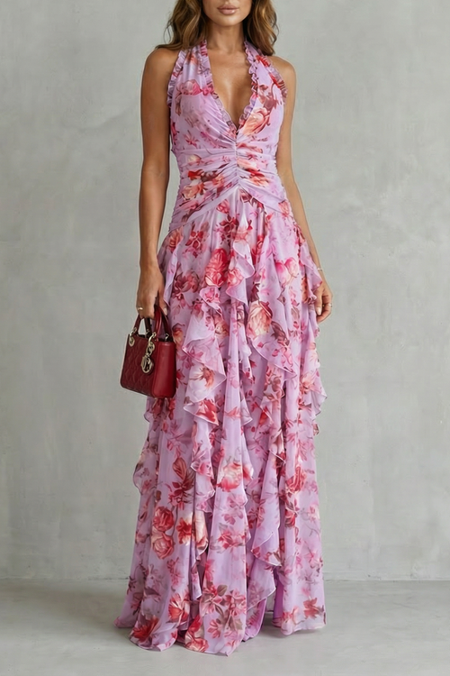 Belladina | Romántica cascada de rosas - Vestido largo con escote halter