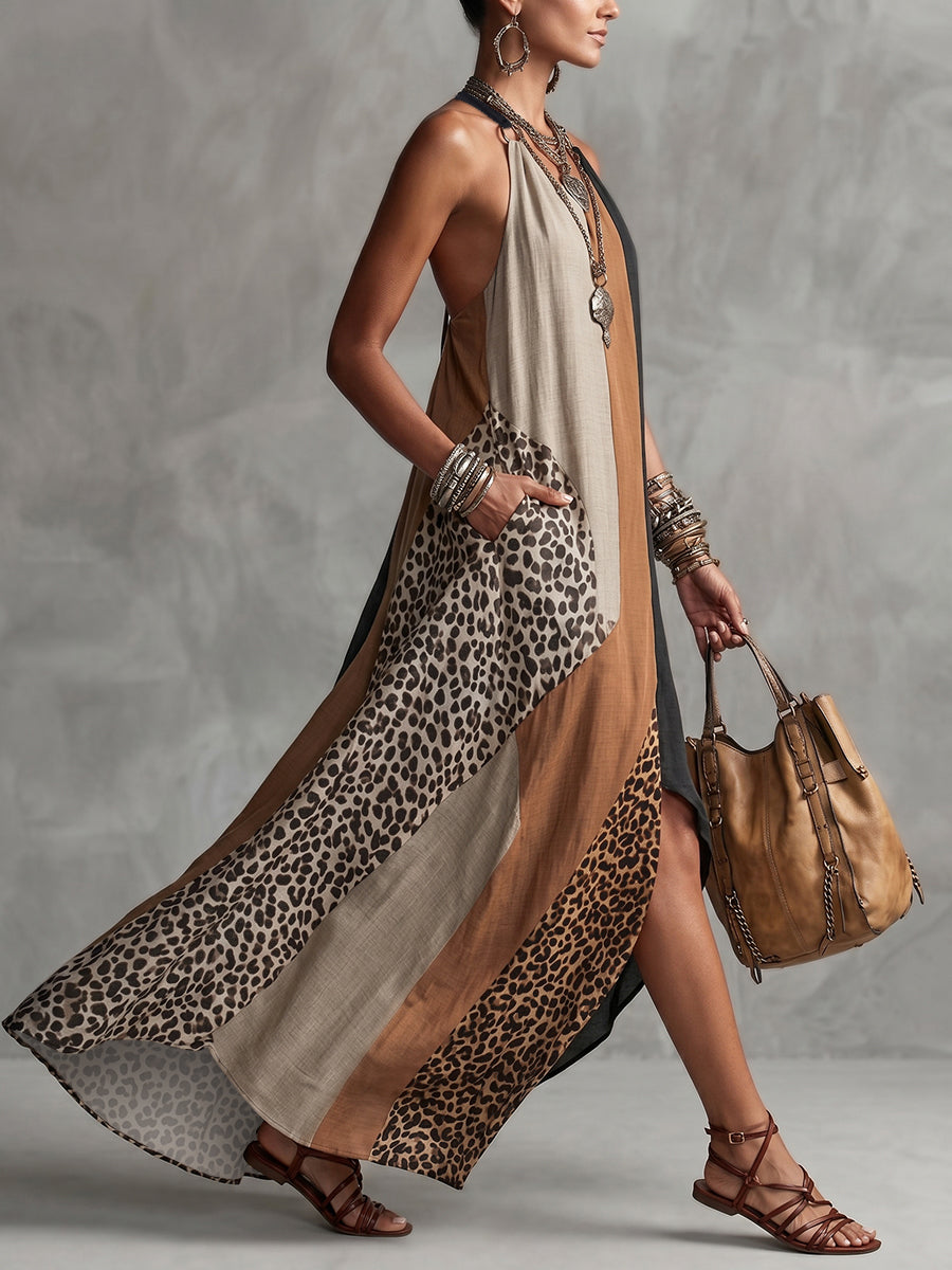 Soraya | Vestido largo asimétrico con color block en contraste y estampado de leopardo