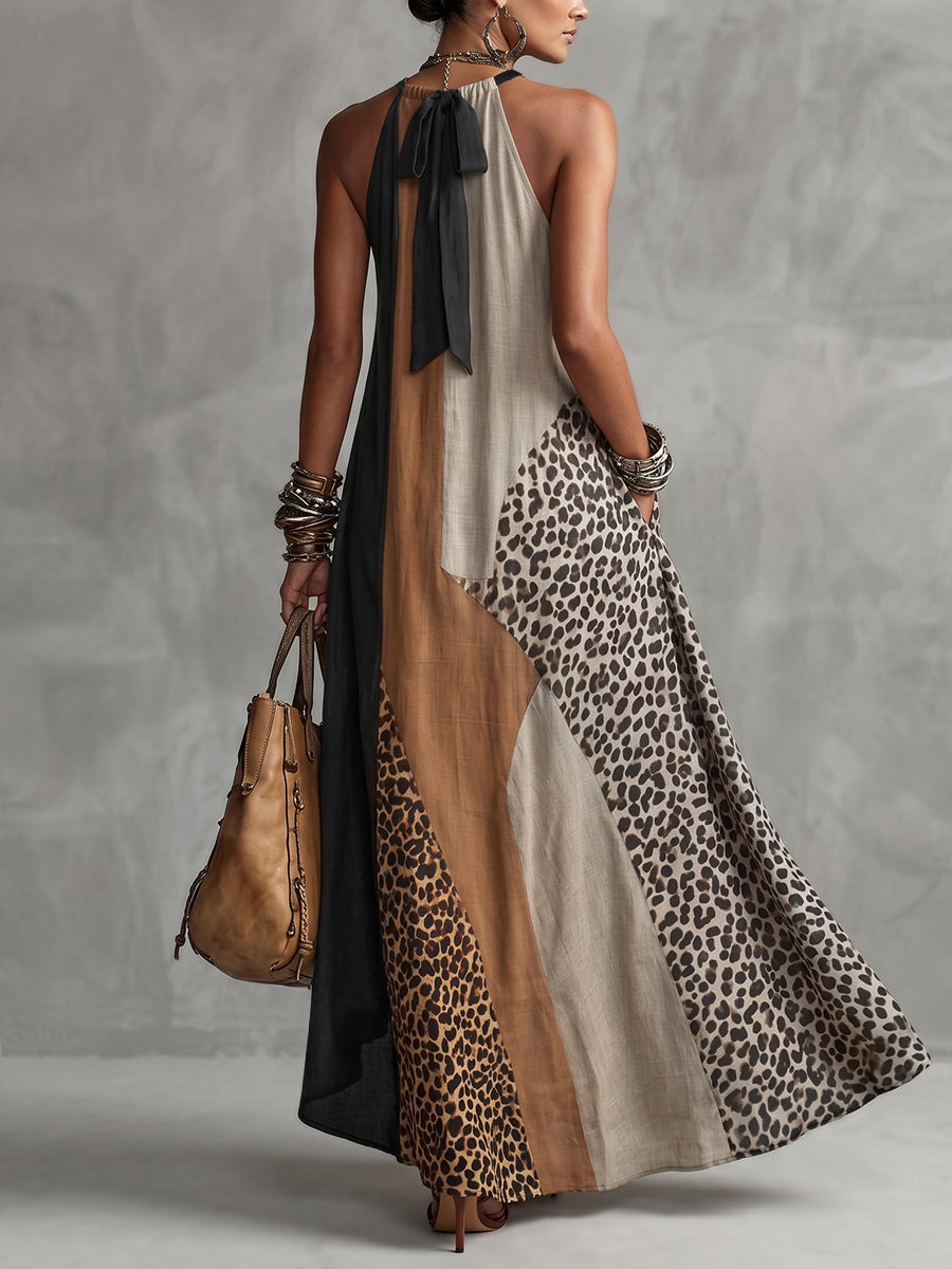 Soraya | Vestido largo asimétrico con color block en contraste y estampado de leopardo