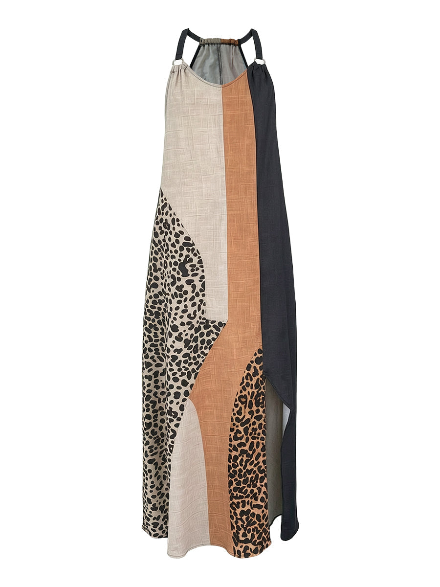 Soraya | Vestido largo asimétrico con color block en contraste y estampado de leopardo