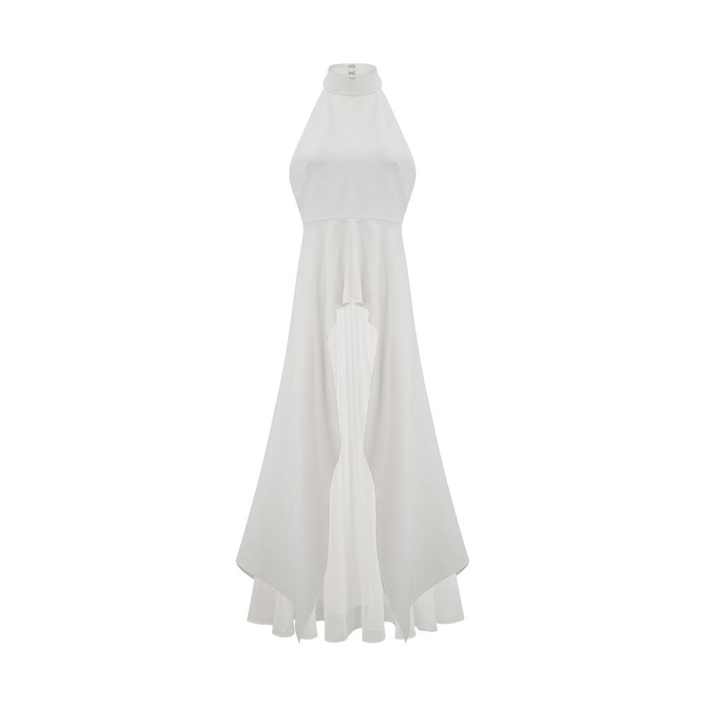 Vestido largo con cuello halter y capas de Inés