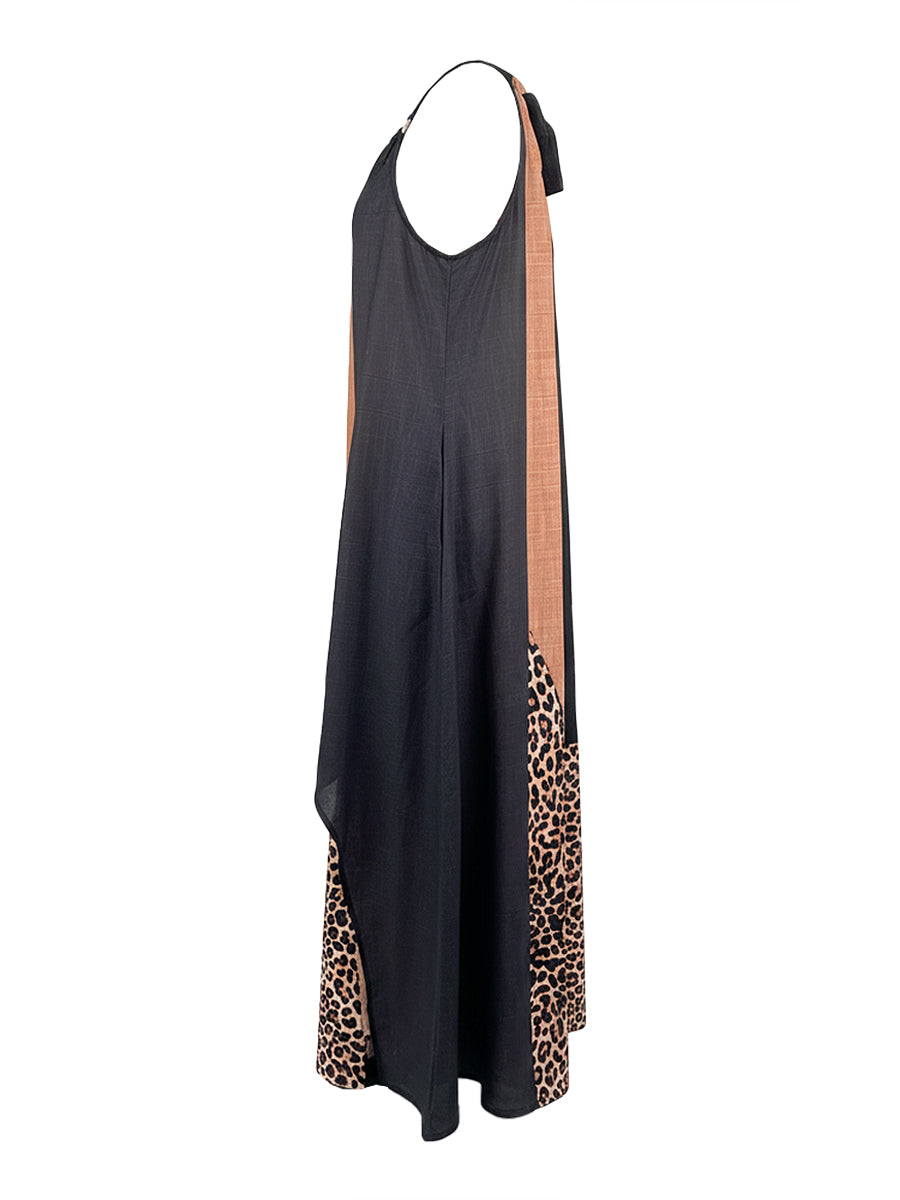 Soraya | Vestido largo asimétrico con color block en contraste y estampado de leopardo