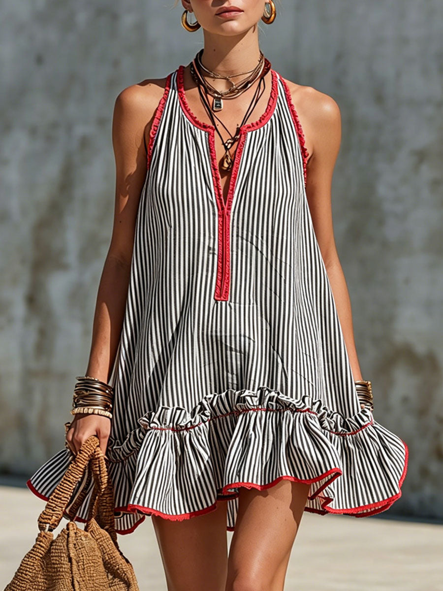 Lola | Minivestido de rayas sin mangas con volantes y cuello redondo