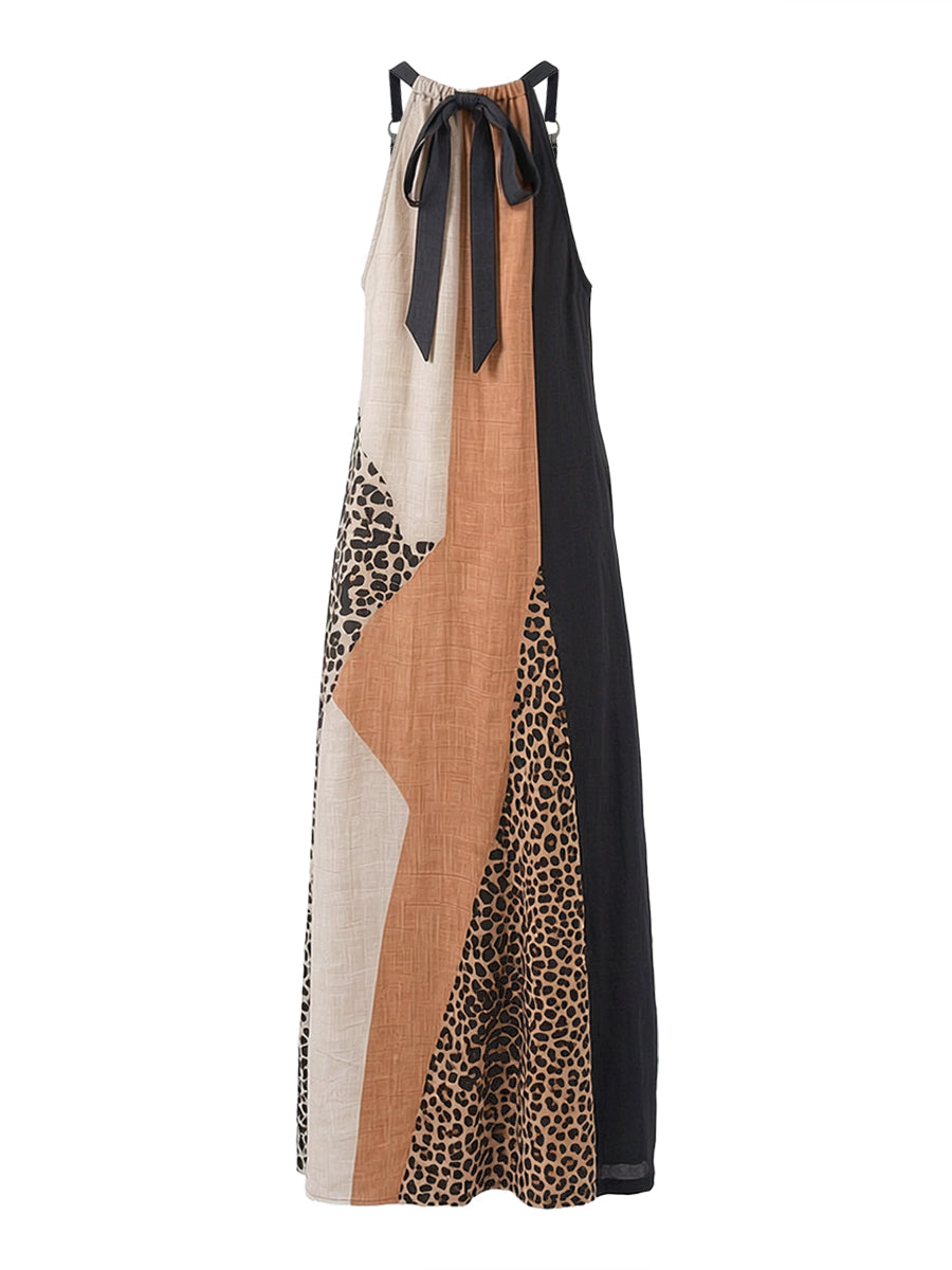 Soraya | Vestido largo asimétrico con color block en contraste y estampado de leopardo