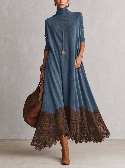 Vestido largo efecto ante con bajo de encaje Pía — vista 2
