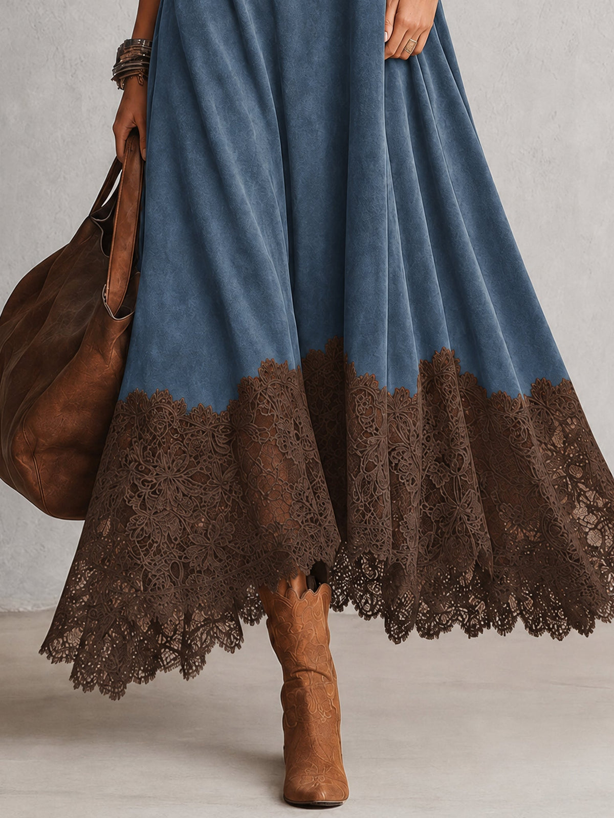 Vestido largo efecto ante con bajo de encaje Pía — vista 10