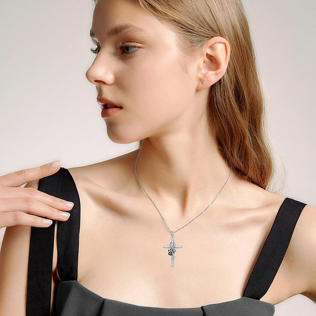 Collar de huella y cruz en plata de ley