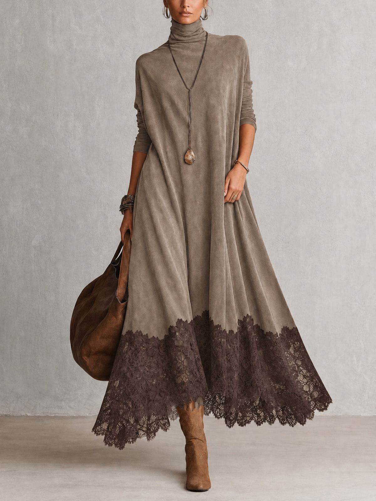 Vestido largo efecto ante con bajo de encaje Pía — vista 3