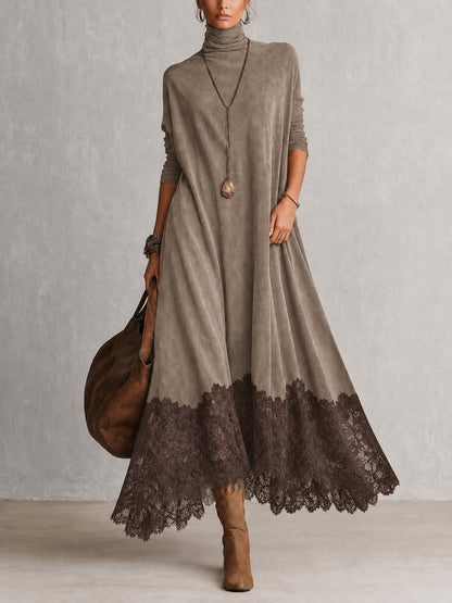 Vestido largo efecto ante con bajo de encaje Pía — vista 3