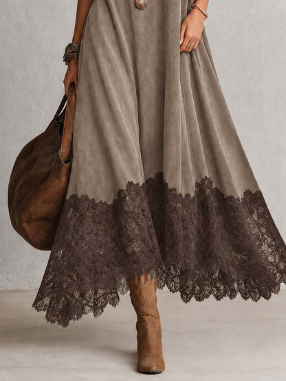 Vestido largo efecto ante con bajo de encaje Pía — vista 12