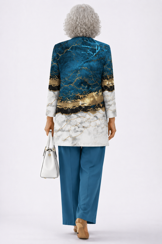 Tiziana | Conjunto de mujer 3 piezas azul y mármol oro