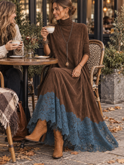 Vestido largo efecto ante con bajo de encaje Pía — vista 4