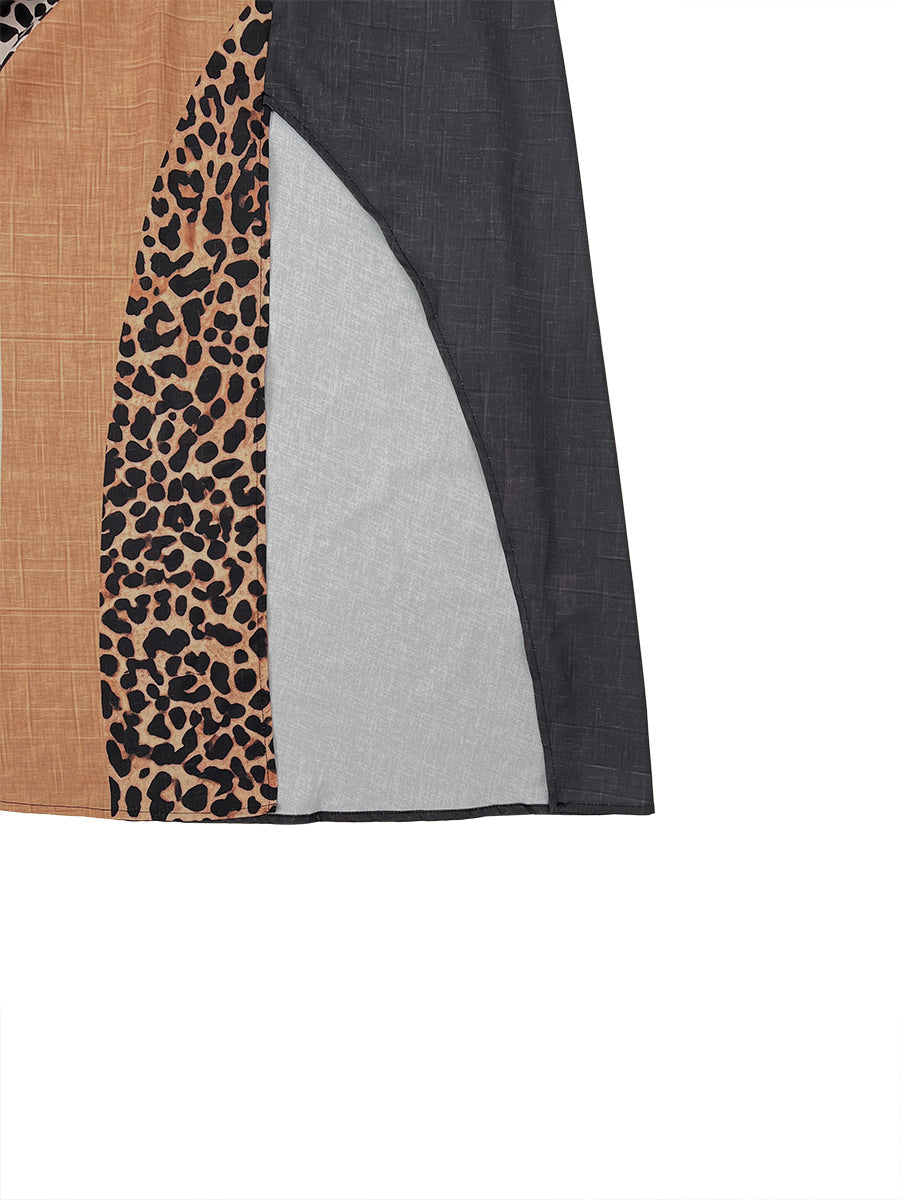 Soraya | Vestido largo asimétrico con color block en contraste y estampado de leopardo
