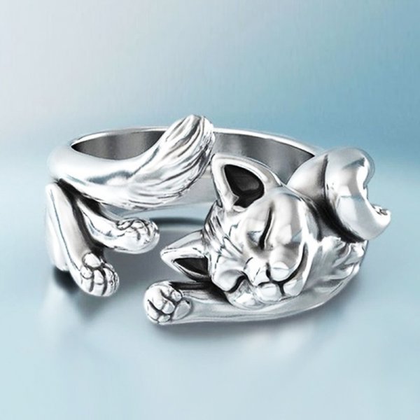 Anillo vintage de gato en plata