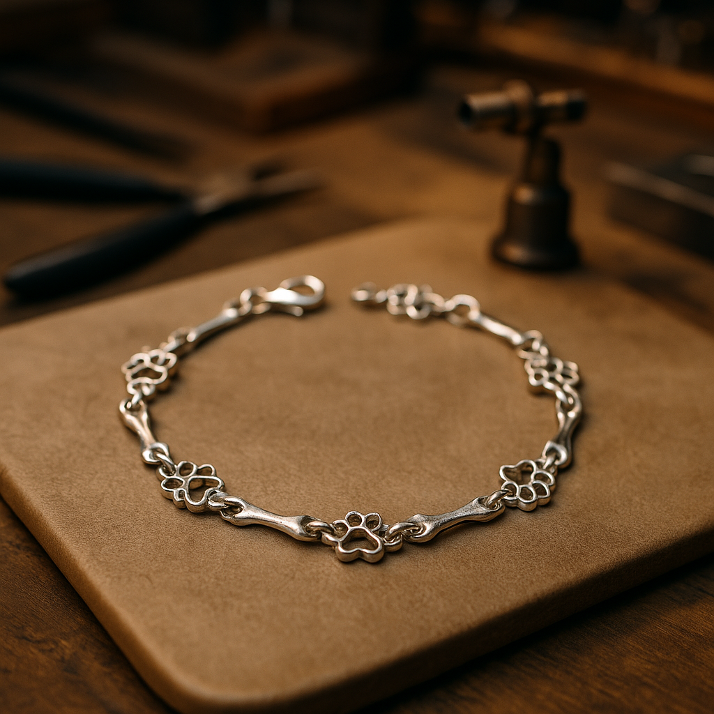 Pulsera con charms de huella y hueso en plata