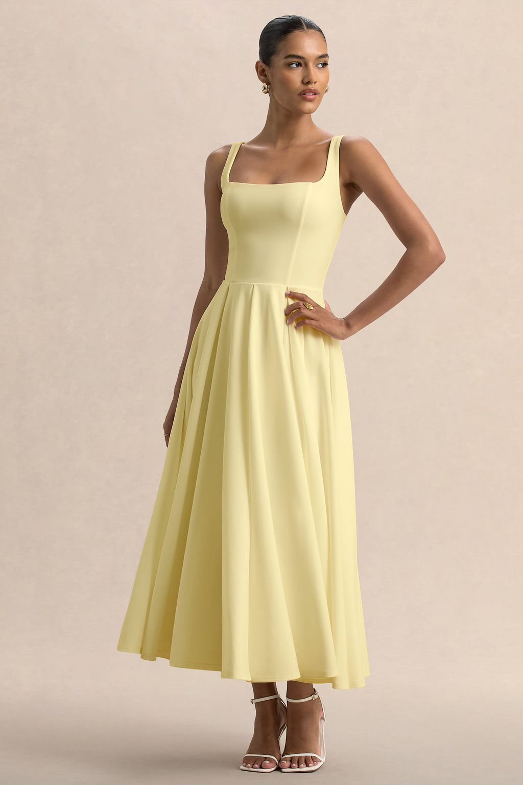 Parina | Vestido Midi Color Limón Con Tirantes Y Falda Con Volumen