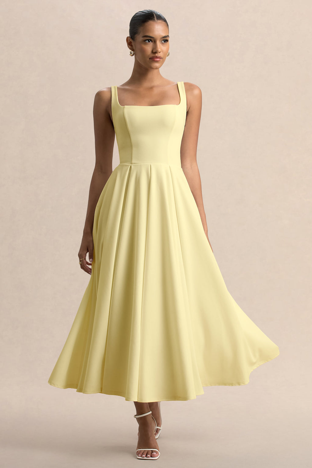 Parina | Vestido Midi Color Limón Con Tirantes Y Falda Con Volumen