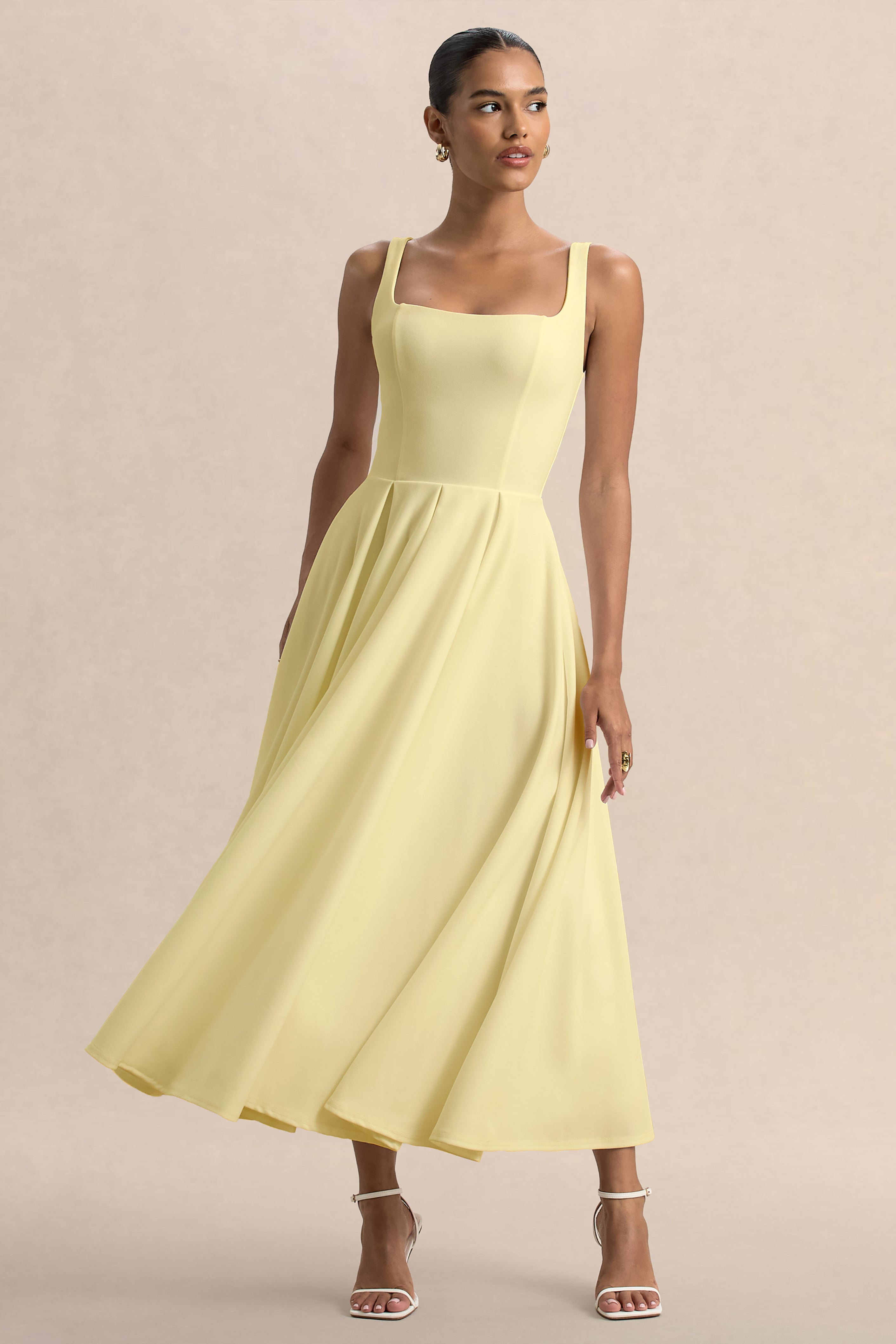 Parina | Vestido Midi Color Limón Con Tirantes Y Falda Con Volumen