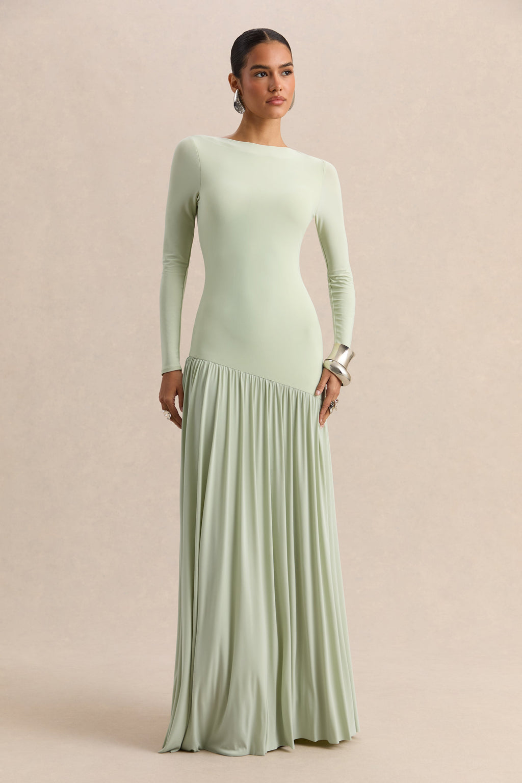 Jasira | Menta Cuello Redondo Vestido Largo con Asimétrico Cintura Baja