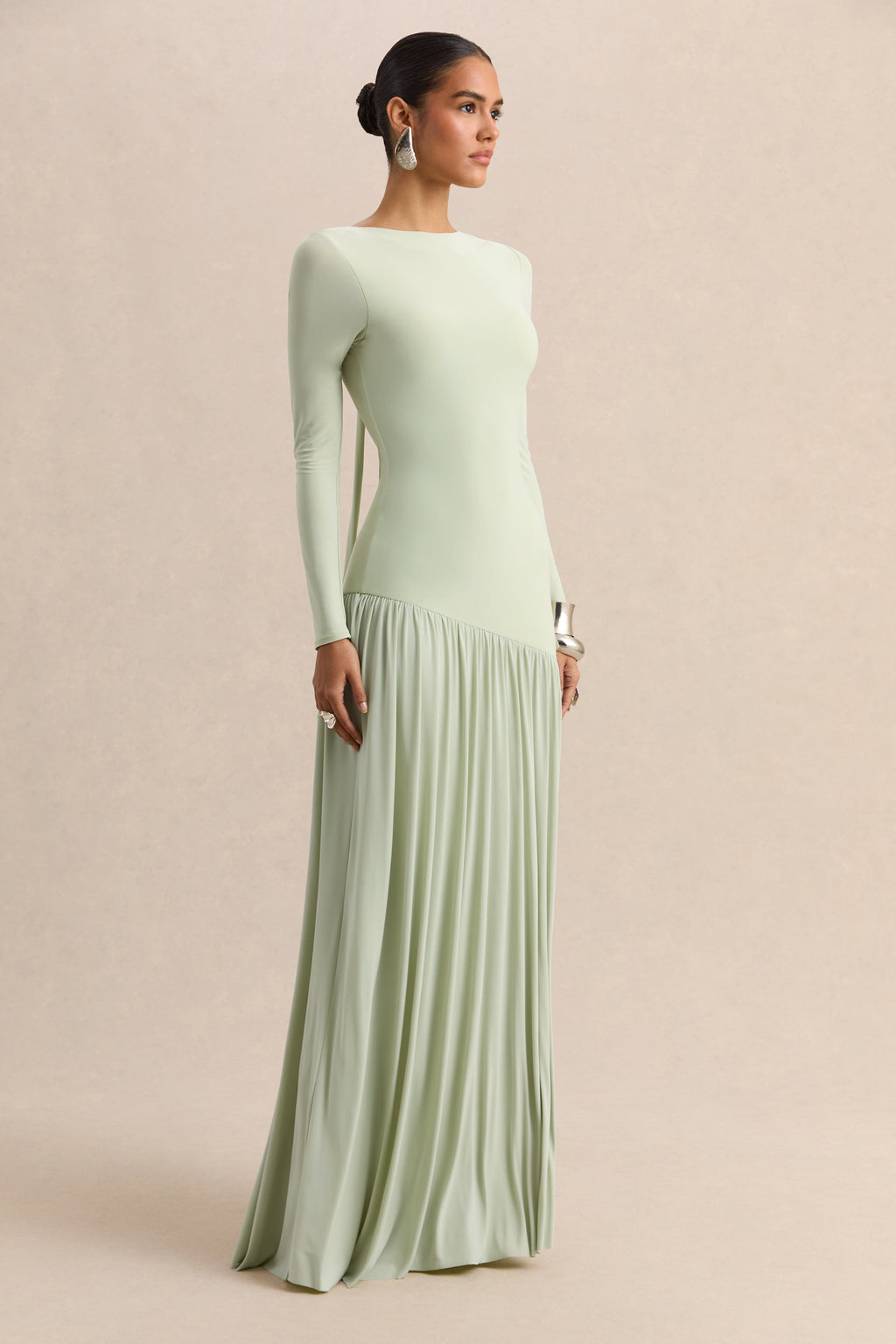 Jasira | Menta Cuello Redondo Vestido Largo con Asimétrico Cintura Baja