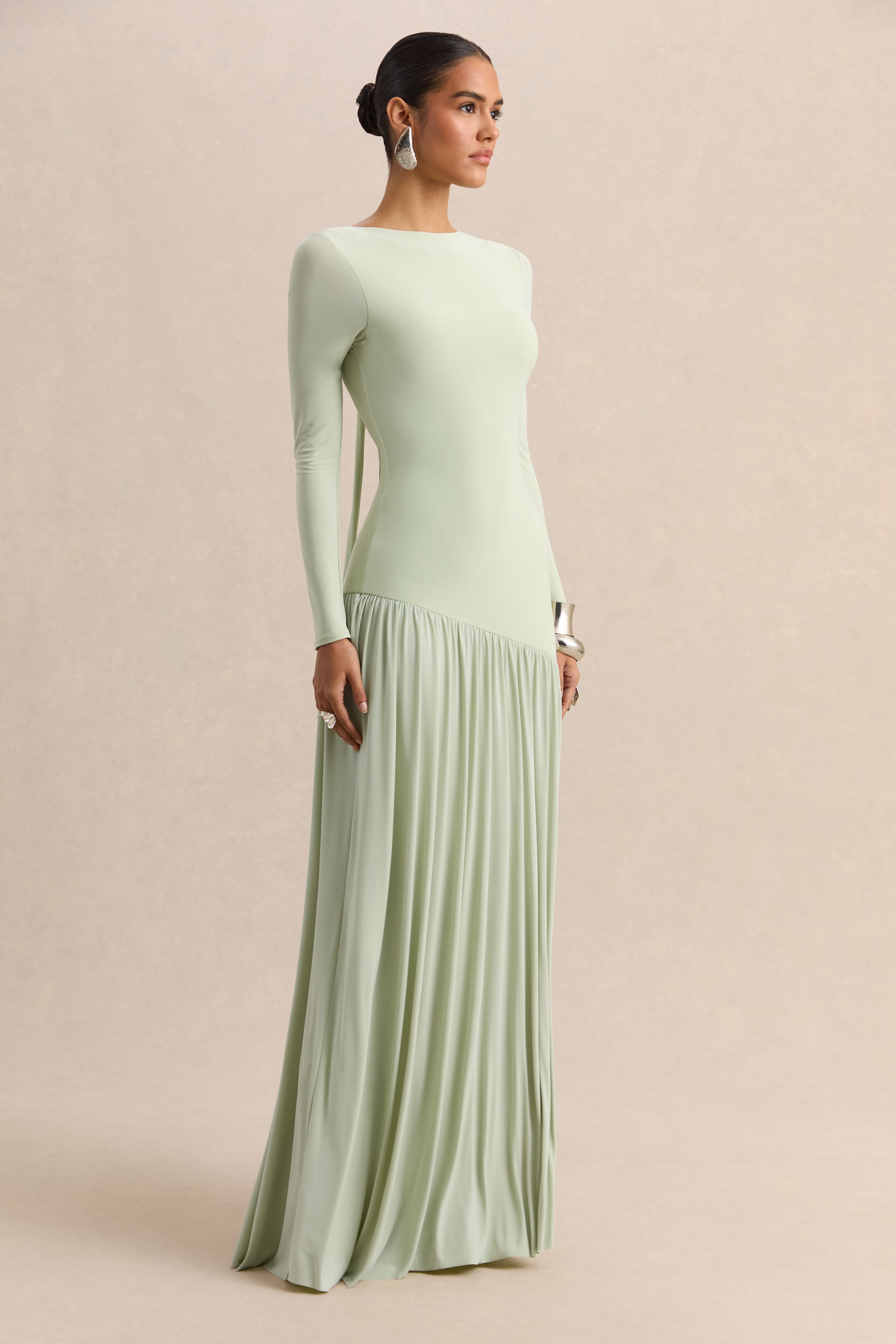 Jasira | Menta Cuello Redondo Vestido Largo con Asimétrico Cintura Baja
