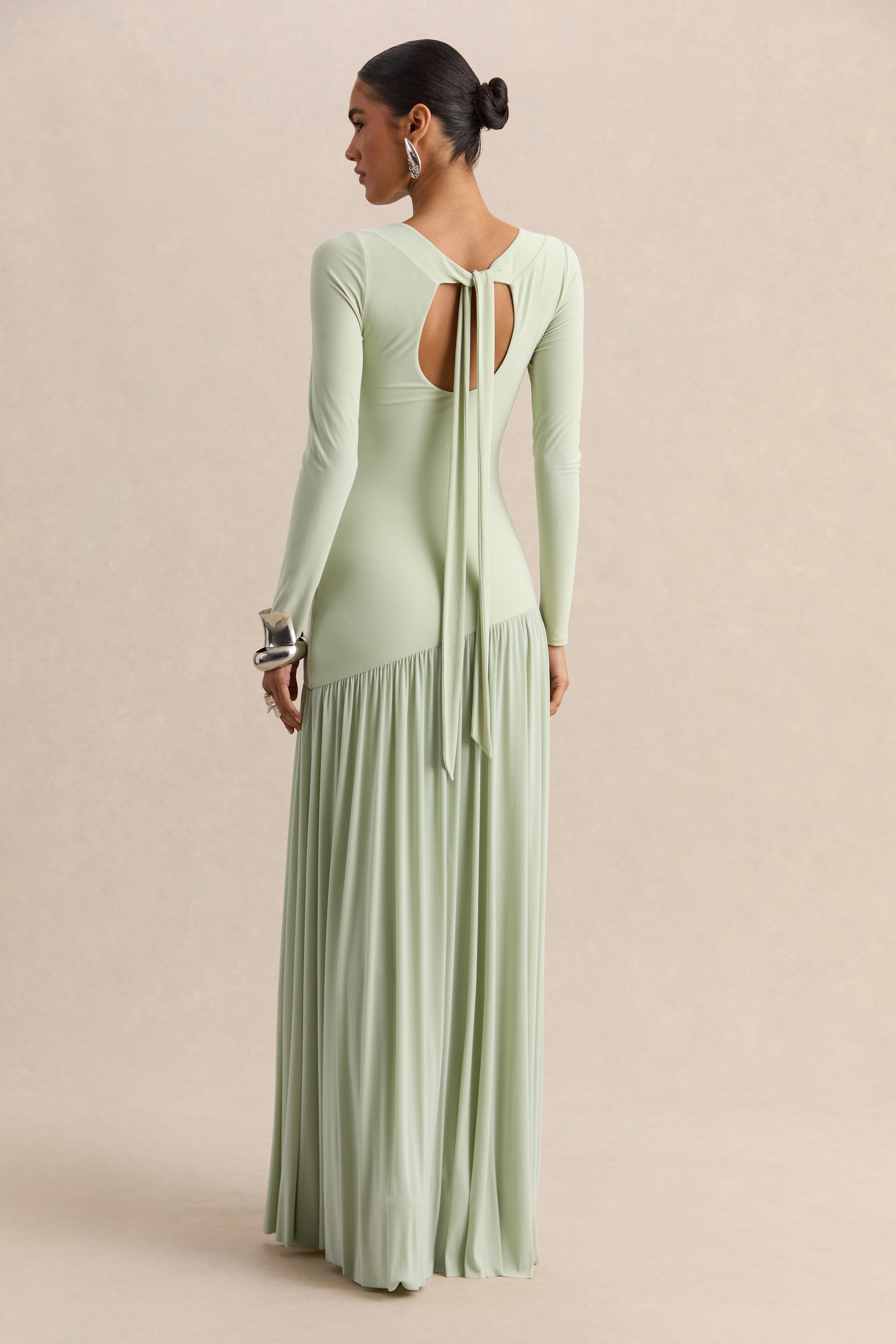 Jasira | Menta Cuello Redondo Vestido Largo con Asimétrico Cintura Baja