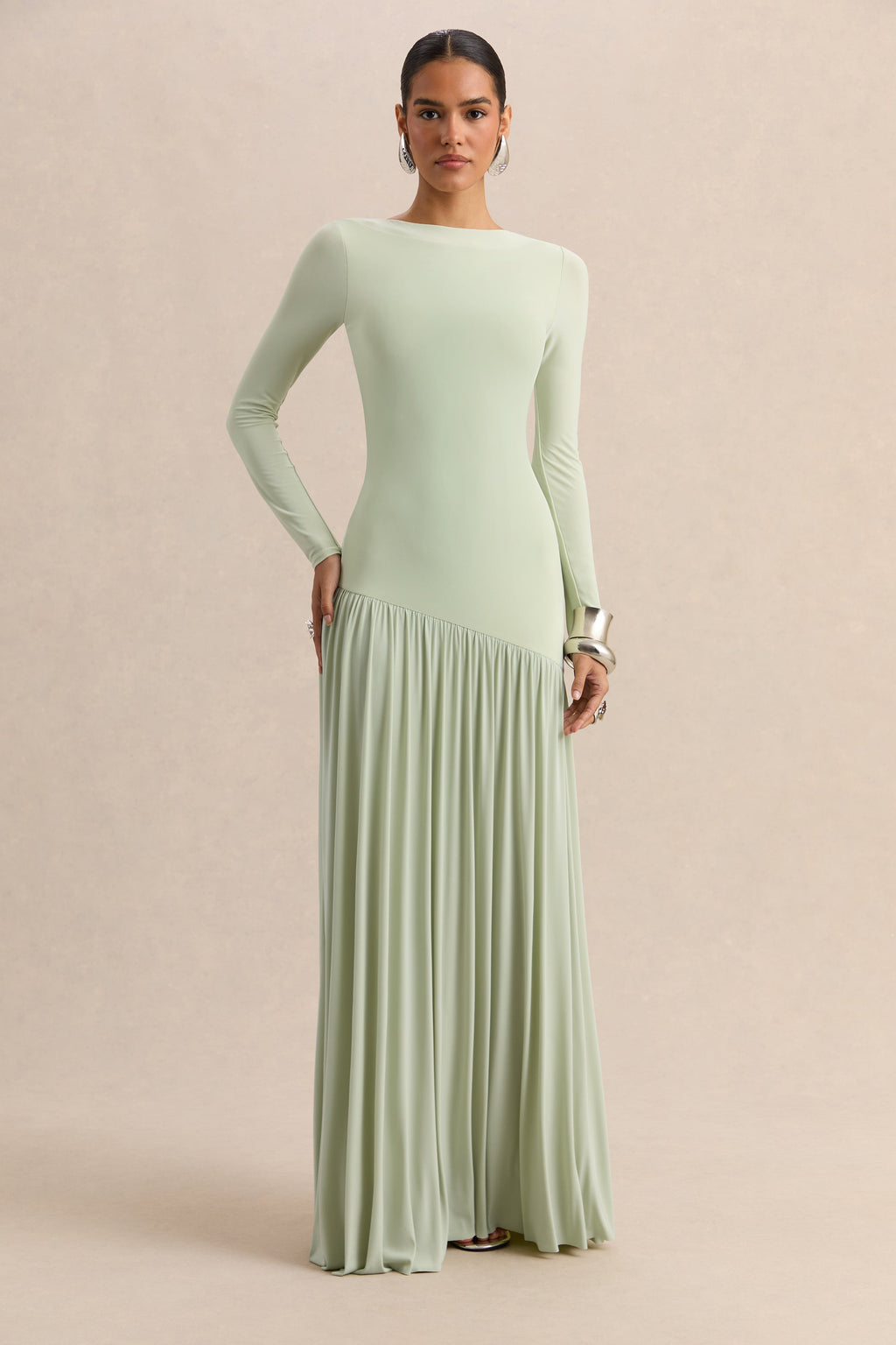 Jasira | Menta Cuello Redondo Vestido Largo con Asimétrico Cintura Baja
