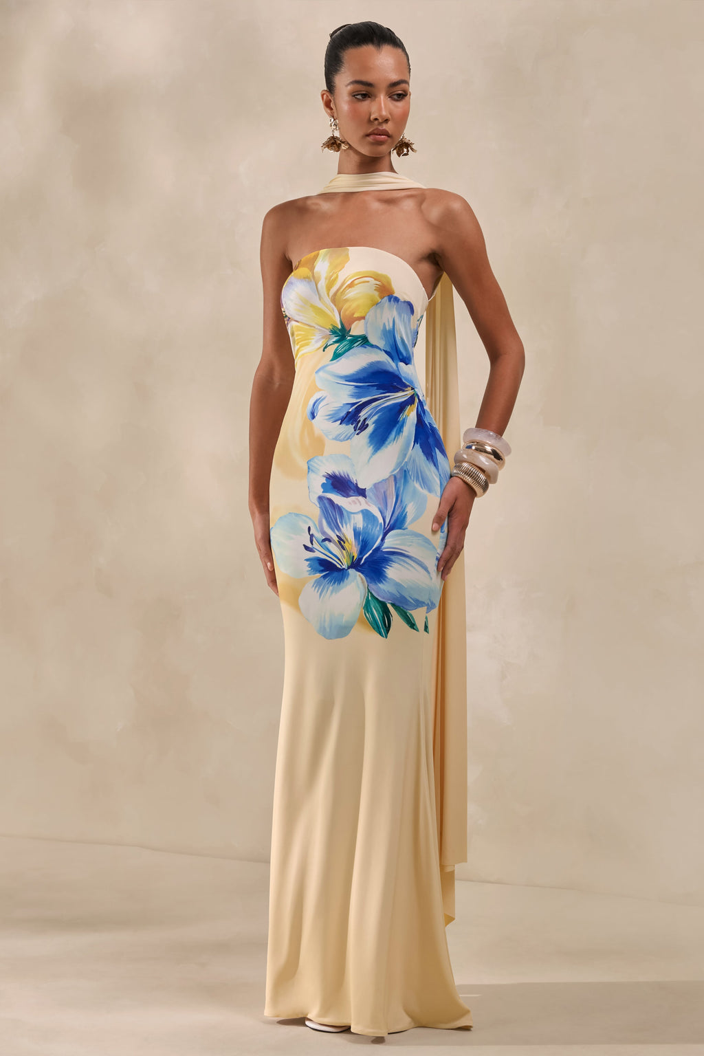 Brooke | Vestido Largo Bandeau Con Estampado Floral En Amarillo Limón Y Azul Y Pañuelo