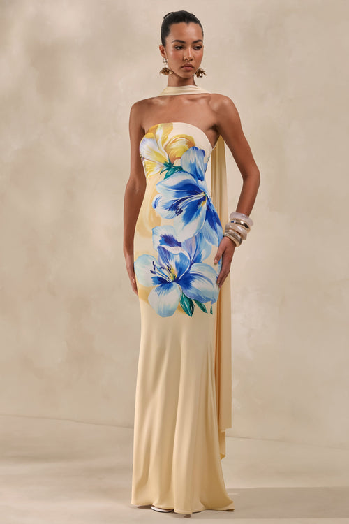 Brooke | Vestido Largo Bandeau Con Estampado Floral En Amarillo Limón Y Azul Y Pañuelo