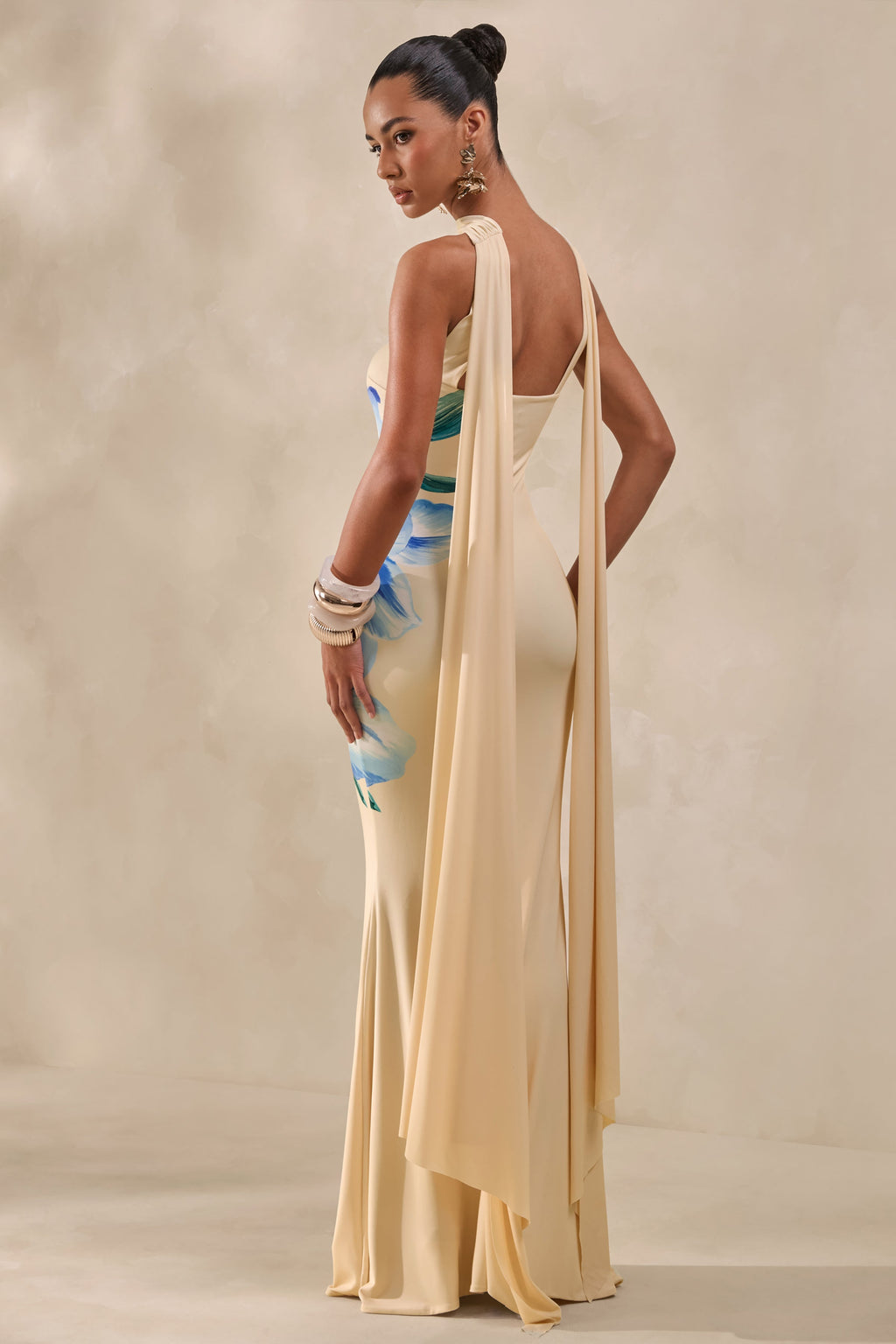 Brooke | Vestido Largo Bandeau Con Estampado Floral En Amarillo Limón Y Azul Y Pañuelo