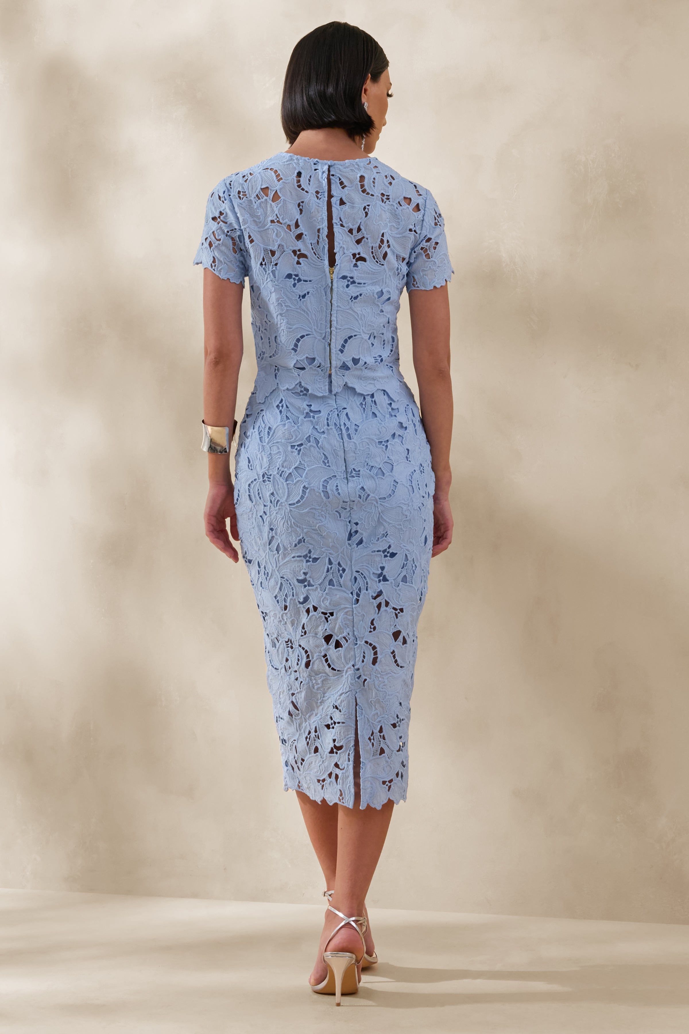 Alicia | Falda Midi Azul Empolvado De Encaje Con Cintura Alta