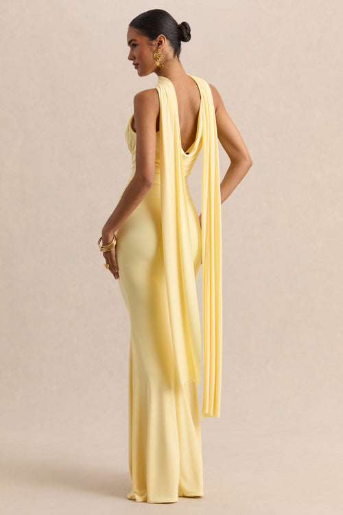 Armelia | Vestido Largo Color Limón De Jersey Elástico Con Escote Cowl Y Detalle De Bufanda