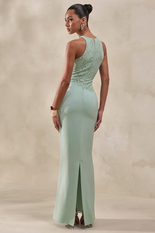 Anthelia | Vestido Largo Verde Menta De Satén Y Encaje Con Cuello Nadador Y Detalle Drapeado