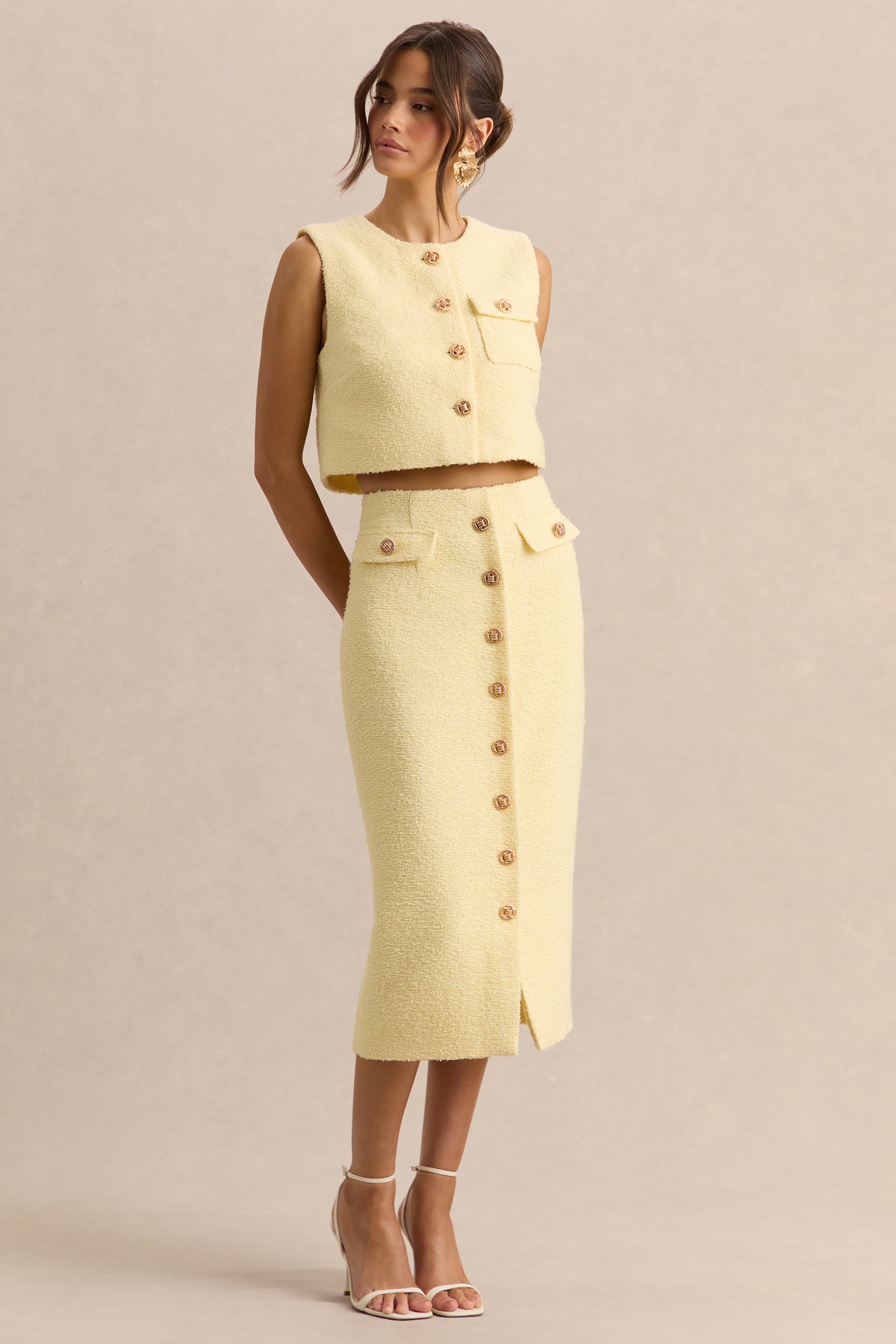 Glyra | Falda midi sastre color limón con detalle de botones
