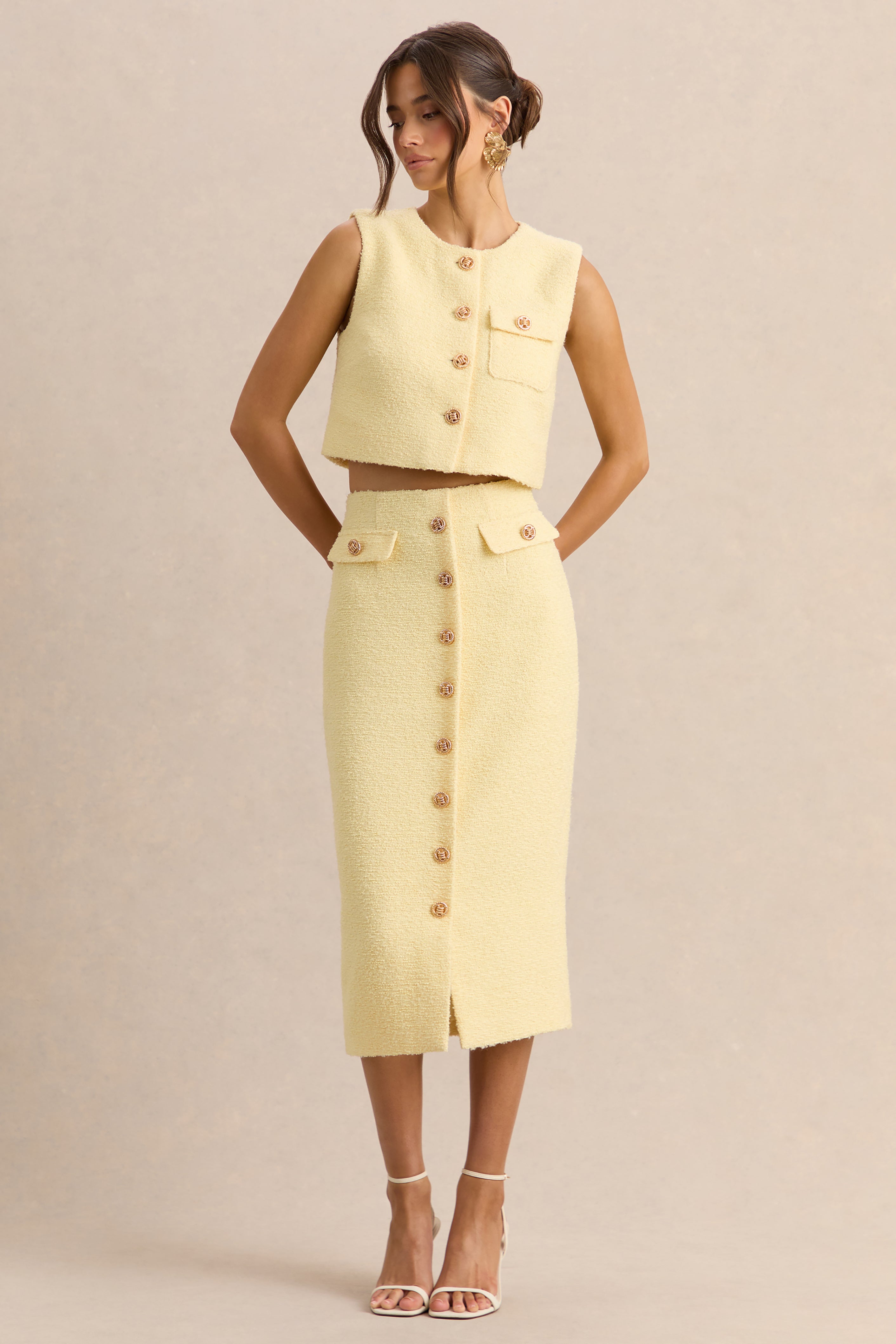 Glyra | Falda midi sastre color limón con detalle de botones