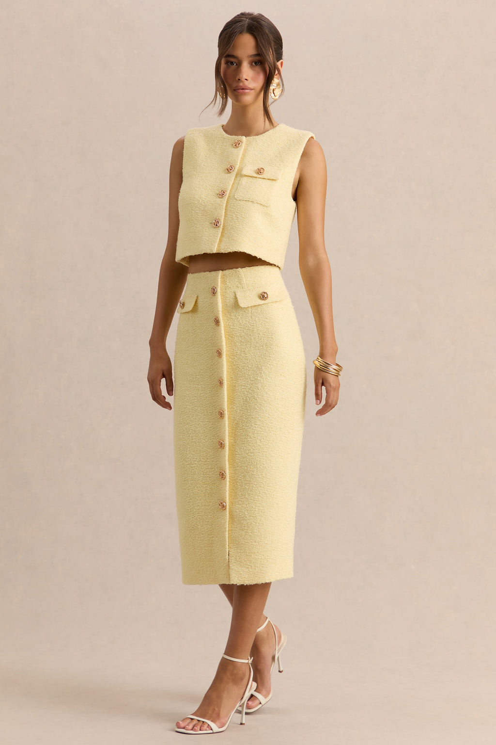 Glyra | Falda midi sastre color limón con detalle de botones